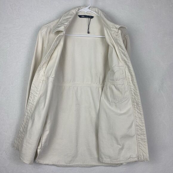 Zara Denim Shacket Shirt Womens Small White Ivory Oversized Pocket Button Up - Picture 4 of 16